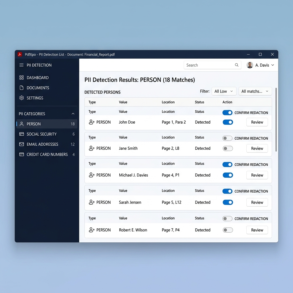 PII Detection List with Categories and Masking
