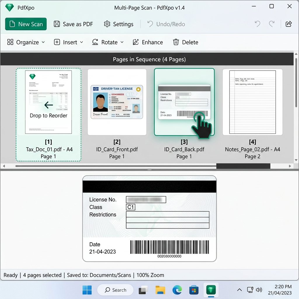 Multi-page reordering interface