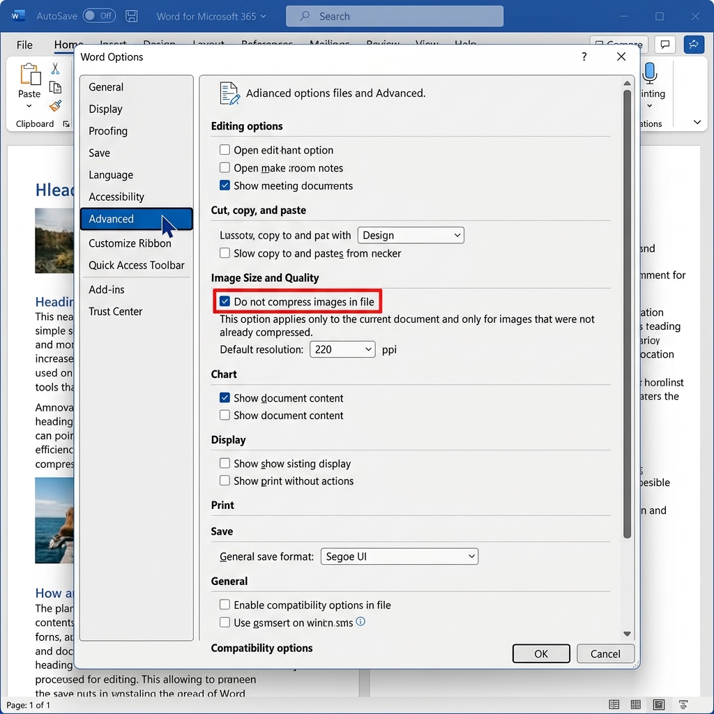 Tutorial UI: Microsoft Word Advanced Options - Image Compression